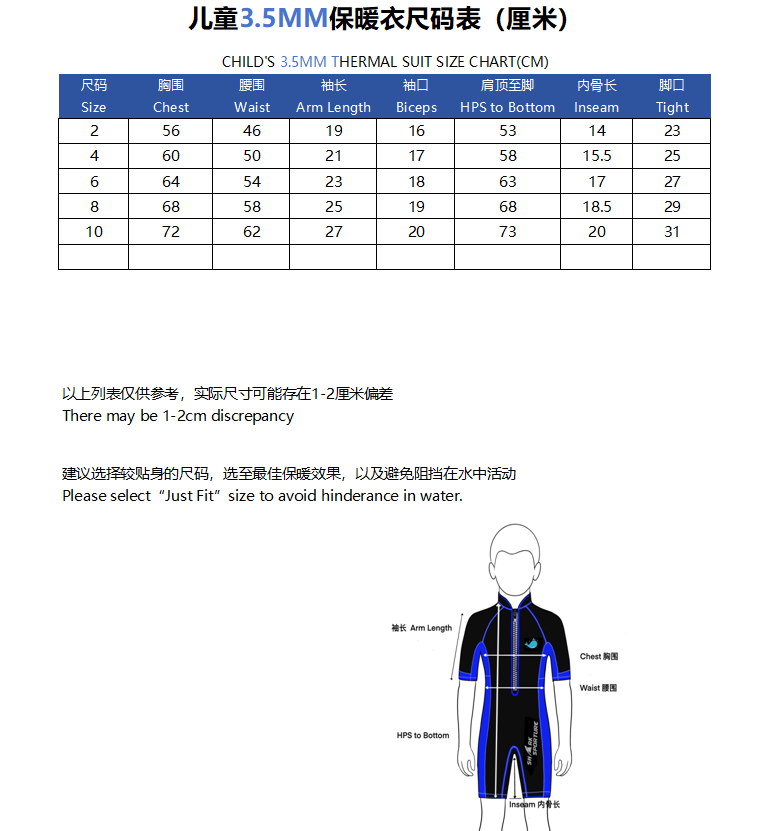 尺寸图(children wetsuit)