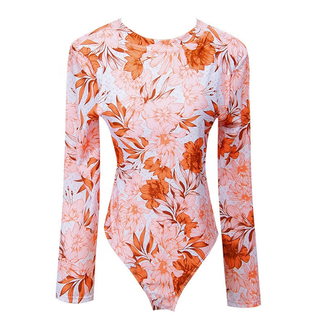 New Design Anti UV Hollow Out One Piece Sexy Floral Swimwear Long Sleeve Women Beautiful Rash Guard Sun Protection Swim Suit