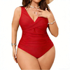 Plus Size Women's Solid Color One-Piece Swimsuit V-Neck Slimming Bathing Suit for Beach