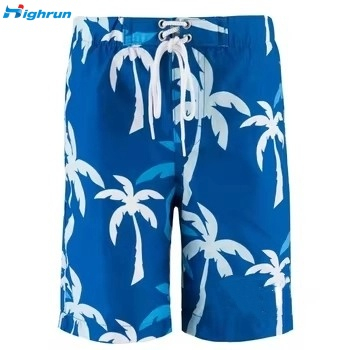 Men's Blue Palm Tree Print Beach Board Shorts Casual Lightweight Breathable Swim Trunks