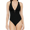 Women's Halter Neck Deep V One Piece Swimsuit Lightweight Breathable Decorative Accent Bathing Suit